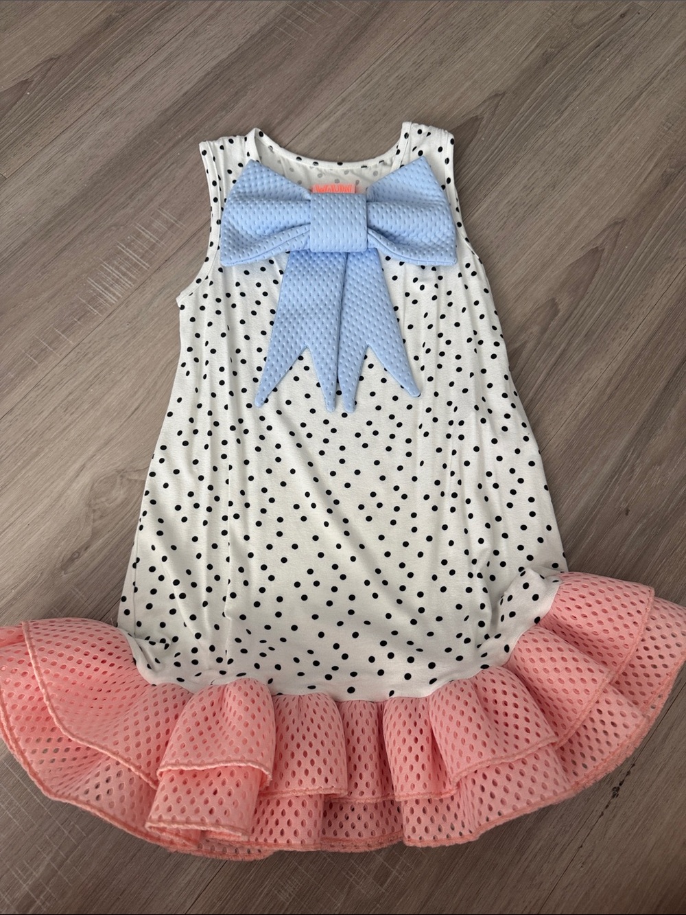Wauw Capow Polka Dot Bow Ruffle Kids Dress - Blue Bow, Pink Ruffle